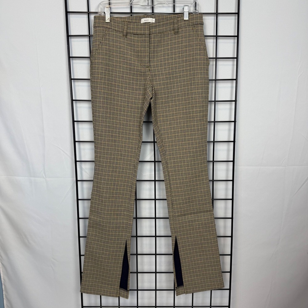 A.L.C. Houndstooth Pants Womens 4 Beige Split Leg Flare Stretch Casual Preppy